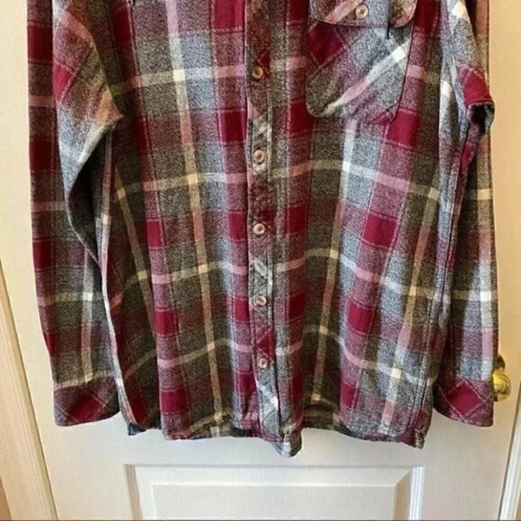 KOLBY Mens Flannel Shirt Button Up Shacket Hoodie Burgundy Grey Plaid Large - Picture 8 of 16